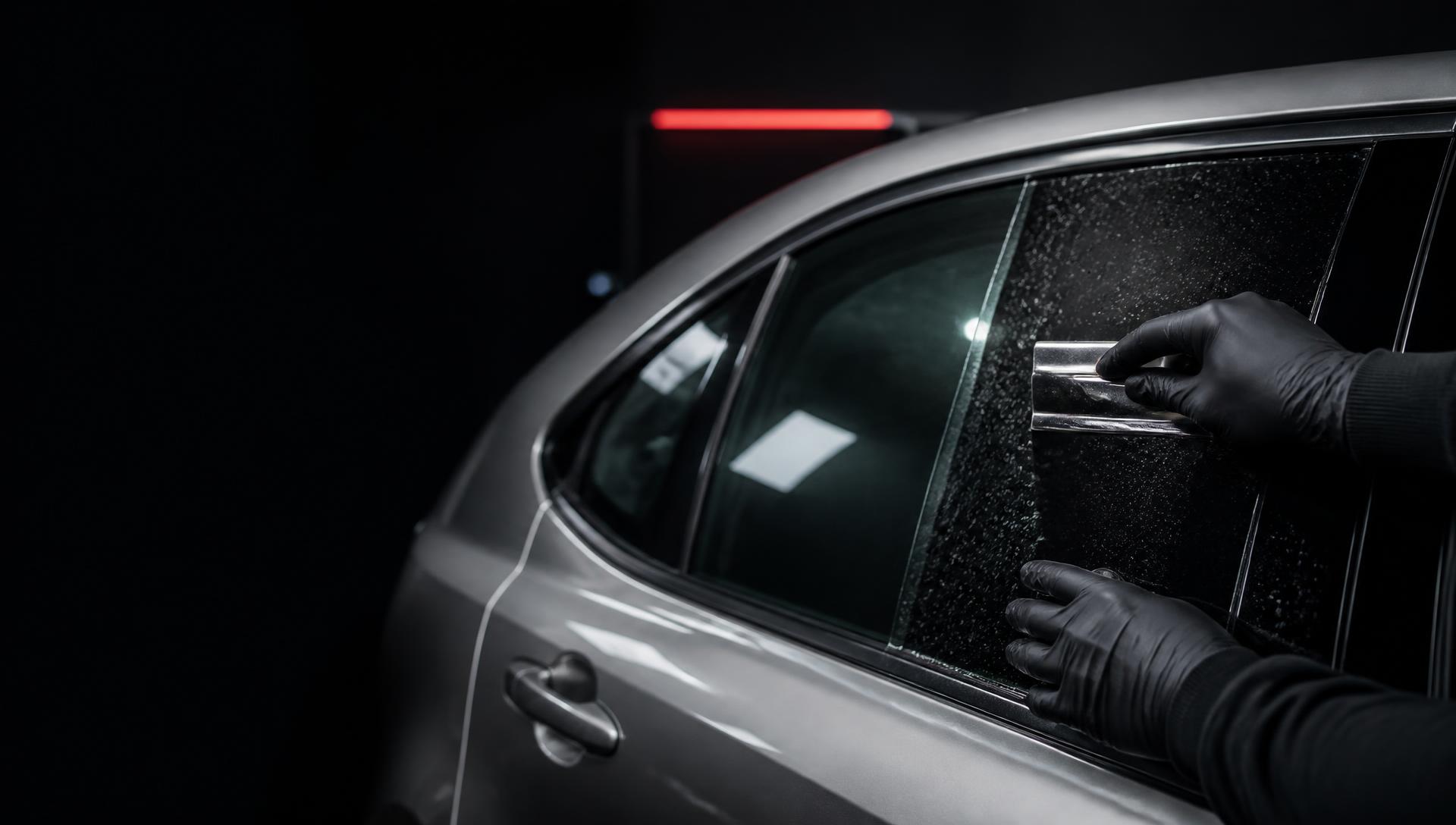 Technician applying precision window film to a vehicle's rear door glass